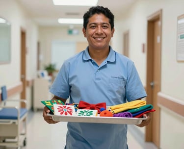 A South American volunteer carrying a tray of colorful crafts in a bright hospital hallway, clean and professional photography.