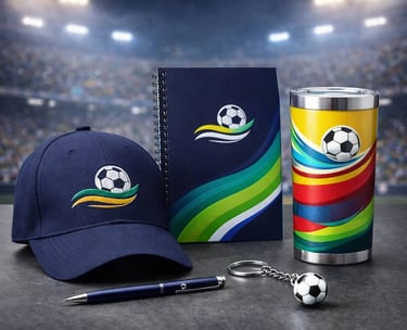 Kit promocional mundialista con gorra, vaso, libreta y llavero personalizado