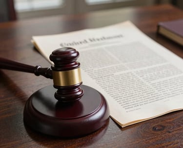 A focused shot of a legal gavel resting on a mahogany desk next to a copy of the United States Constitution, soft natural lighting from a window, North American / US.
