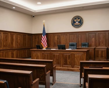 A professional wide-angle interior shot of a formal federal courtroom in the United States, featuring polished dark wood benches, the American flag, and the Department of Justice seal on the wall, bright and even lighting, North American / US.