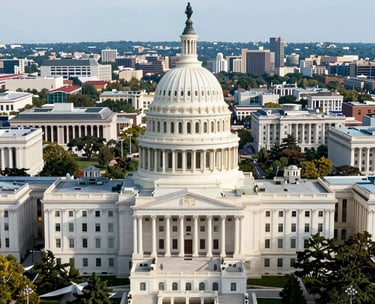 An aerial view of the National Mall in Washington D.C., showing the Department of Justice building in context with other federal institutions, clean and professional look, North American / US.