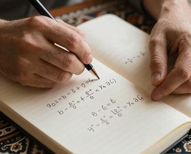 Close-up of hands solving a complex algebraic equation in a notebook, natural light, warm and studious atmosphere in an Anatolian setting.