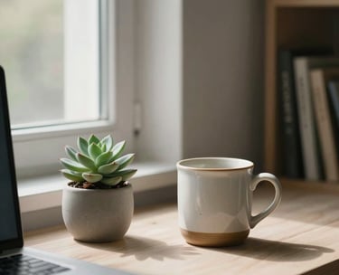 A tidy corner of a modern Anatolian study space, with a small succulent and a ceramic mug on a desk, soft natural light through a window, professional and calm.
