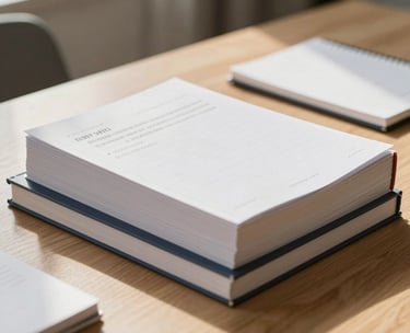 Close-up of organized study materials, high-quality textbooks and a minimalist notepad on a light wood desk in a sunlit Middle Eastern room, soft focus on background.