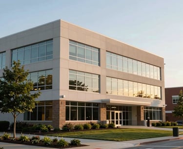 A professional building exterior in Anderson, Indiana, representing the corporate office presence with clean architecture and professional landscaping. Soft afternoon light. North American / US / Indiana.