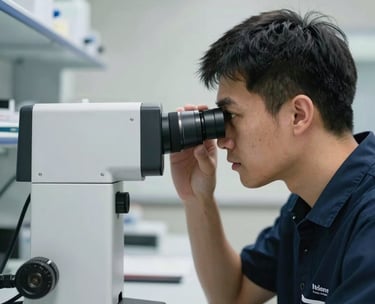 A focused professional looking through advanced optical measuring equipment in a brightly lit Indiana laboratory environment. Deep navy and white colors emphasize a clean, professional look. North American / US / Indiana.