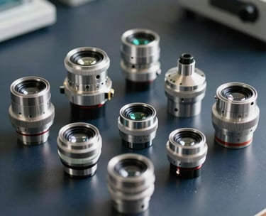A collection of precision optical lenses and diagnostic tools arranged on a dark navy surface, reflecting a high standard of care and technical precision. Professional studio lighting. North American / US / Indiana.