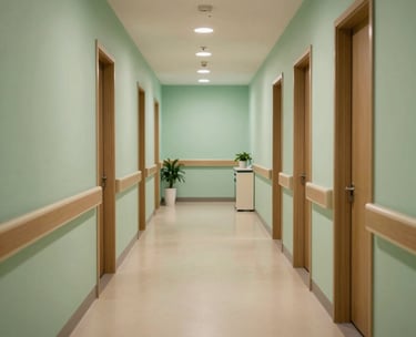 Photography of a modern clinical hallway in Southeast Asia, with clean floors, soft green walls, and warm lighting, creating a calm healthcare environment.