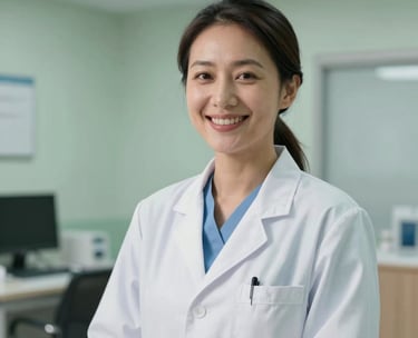 A professional portrait of a female Southeast Asian doctor in a white coat, smiling warmly in a bright, modern medical office environment with soft green accents.