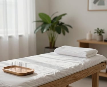 Photography of a modern acupuncture room, featuring a wooden table with clean linens and a small tray of needles, a potted plant in the corner, natural light through soft curtains, Indonesian medical facility style.