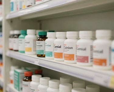 A close-up photograph of a clean, modern pharmacy shelf in a Southeast Asian clinic, featuring neatly organized vitamin bottles and health supplies, soft warm lighting, soft green and off-white accents.