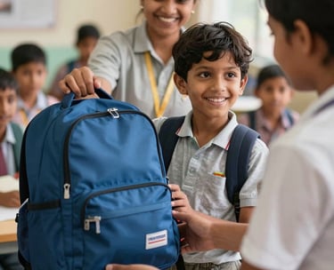 A high-quality photo of a South Asian child smiling while receiving a new backpack and school supplies from a foundation volunteer.