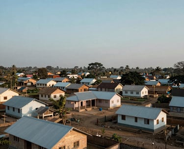 A wide-angle landscape shot of a South Asian rural village with clean, humble houses and a community center under a soft blue sky, symbolizing the foundation's reach.