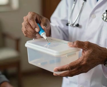 A close-up photograph of a South Asian healthcare worker's hands handing a clean medical kit to an elderly person, emphasizing compassion and integrity.