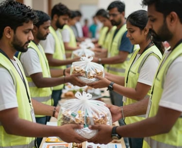 An action shot of South Asian volunteers handing out food packages during a relief drive, showing professional dedication.