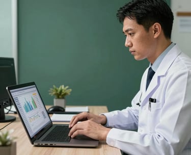 A professional Indonesian medical officer using a laptop in a clean office, displaying health data charts, steel grey and dark green office environment, natural lighting.