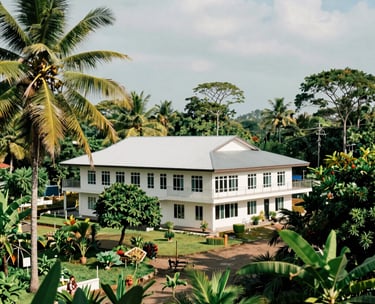 A scenic view of a health center in a border region of West Kalimantan, surrounded by tropical greenery, bright daylight, modern architecture.