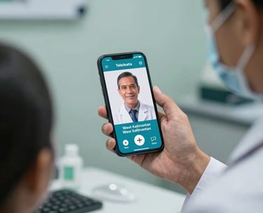 An Indonesian doctor in West Kalimantan holding a smartphone showing a telemedicine interface, interacting with the screen, professional clinic background.