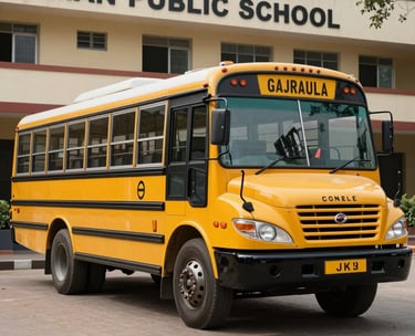 A professional shot of a yellow school bus parked in front of Aman Public School in Gajraula. The environment is safe and orderly, representing the institution's transport facility.