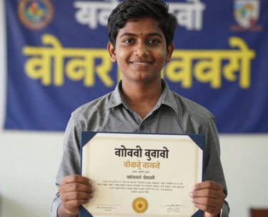 A smiling South Asian student holding a certificate of achievement, standing in front of a school banner. The lighting is bright and celebratory, reflecting a sense of pride and academic excellence.