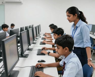 A clean and modern school computer lab in India with rows of monitors. South Asian students are focused on their work, guided by a teacher. The room is brightly lit with white walls.