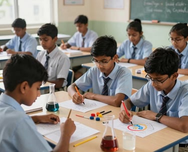 A vibrant scene of South Asian students participating in a creative science activity at a school in India. The classroom is bright and well-equipped, emphasizing a nurturing and modern educational environment.