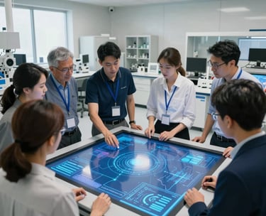 A high-angle photograph of a collaborative group of professionals in a bright, modern North American research facility, working around a large interactive touchscreen with blue data visualizations.