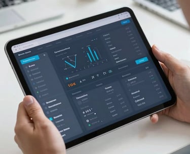 A close-up of a modern tablet displaying a data-rich dashboard with clean blue and slate-grey interface elements, held by professional hands in a North American corporate office setting, bright natural light.