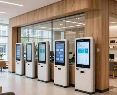 A high-quality photo of a modern community center interior in a North American urban area, featuring light wood, glass, and digital information kiosks, symbolizing smart development.