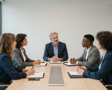 A professional photo of a diverse group of community stakeholders in a clean, modern North American boardroom discussing educational expansion. The atmosphere is serious yet hopeful, with a palette of muted blue and off-white.