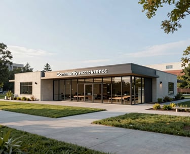 A wide, professional architectural shot of a modern, clean community resource center in a North American urban park setting. The lighting is clear and bright, emphasizing a sophisticated and safe environment for local development.