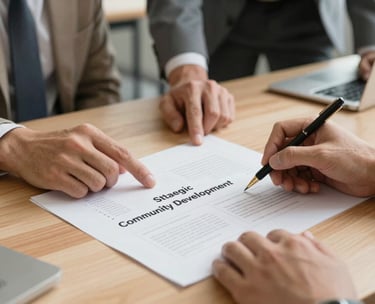 A close-up photograph of hands working together to review a strategic community development plan on a clean, wooden table. The style is professional and grounded, featuring soft, warm tones of tan and off-white in a US office environment.