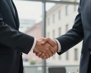 A firm handshake between two professionals in business suits, symbolizing a successful legal agreement, bright corporate Italian / European setting.