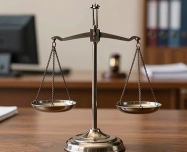 Close-up of a scale of justice made of polished steel on a solid wooden desk, blurred legal office background, professional and sober lighting, Italian / European legal setting.
