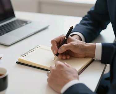 Close-up of a professional lawyer's hands taking notes during a consultation, elegant stationery on a clean desk, bright Italian / European office setting.