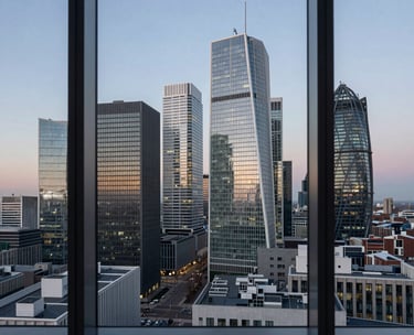View of a modern European city business district through a clean high-rise office window at dusk, emphasizing a global and contemporary legal reach, professional atmosphere.