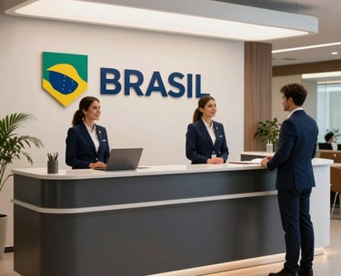 Photography of a modern reception desk at a corporate event in Brazil, with sleek branding and polite staff wearing professional navy blue attire, emphasizing a welcoming atmosphere.