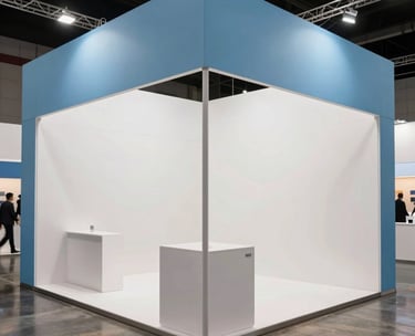 An interior shot of a modern exhibition booth with sleek minimalist design, light blue and white color scheme, located inside a contemporary Brazilian convention center with polished floors.