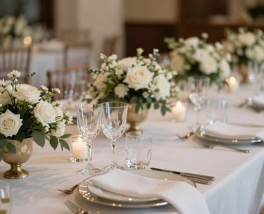 A close-up photography of an elegantly set gala dinner table in a luxury South American venue, featuring crystal glassware, white linens, and sophisticated floral arrangements under soft warm lighting.