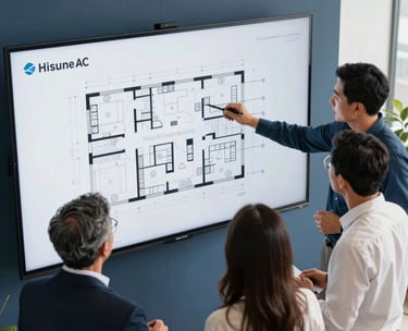 A high-angle photo of a professional South American planning team discussing a floor plan layout on a large screen in a bright, modern office with soft navy blue accents.