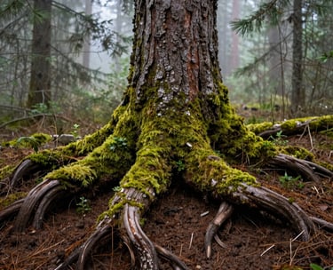 A detailed, eye-level photograph of a thick, moss-covered tree root grounding deep into the rich brown soil of a Canadian forest. Soft, misty morning light filters through the pine needles, creating a peaceful and quiet atmosphere with moss green and soil brown tones.