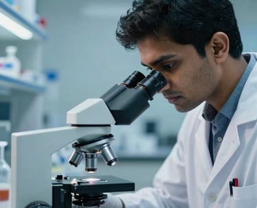 Close-up of a South Asian research scientist focused on a microscope in a clean, professional lab environment, soft blue and teal lighting, reflecting innovation and scientific rigor.