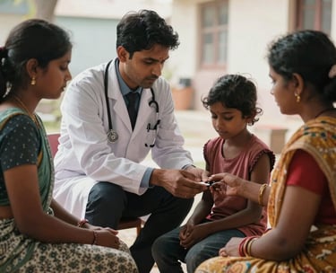 A South Asian community health camp in a bright outdoor setting, where a doctor is providing compassionate care to a local family, conveying trust and service.