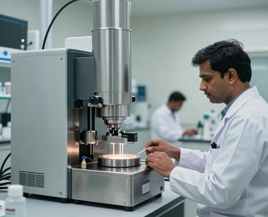 A high-precision pharmaceutical quality control laboratory in India, featuring modern stainless steel equipment on light gray surfaces, bright clinical lighting, and a South Asian technician in professional attire working carefully in the background.