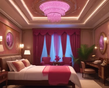 A beautifully arranged bed with colorful pillows and soft lighting.