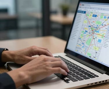 A close-up shot of hands typing on a laptop with a digital logistics map reflected in the glass partition. Professional corporate setting in North America.