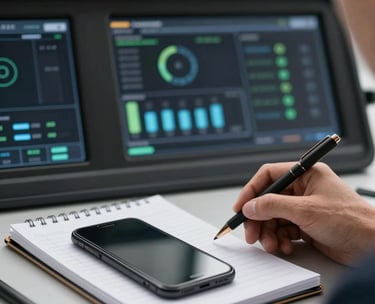 A dashboard interface blurred in the background with a focused foreground of a professional dispatcher's notepad and smartphone on a desk. Clear, bright lighting.