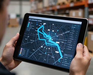 A close-up of a tablet screen showing a 3D logistics map with bright blue tracking lines, held by a professional in a modern warehouse environment.