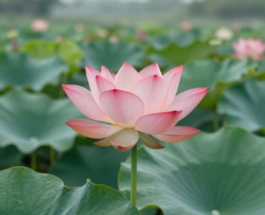 A blooming lotus flower in a quiet pond, natural morning light, soft focus background, deep greens and soft coral tones, photography in a serene Vietnamese landscape.