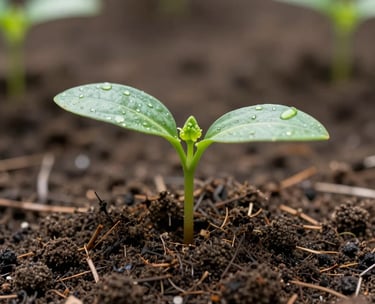 A close-up photograph of a small green seedling growing out of dark, rich soil, symbolizing new beginnings, soft natural lighting, Vietnamese garden context, serene atmosphere.